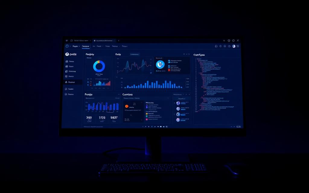 Aplicación de escritorio con dashboard oscuro y acentos azules