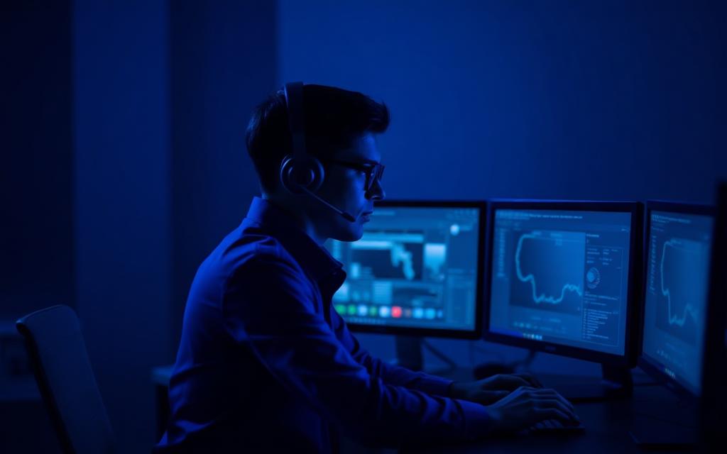 Profesional de soporte técnico con auriculares y monitores